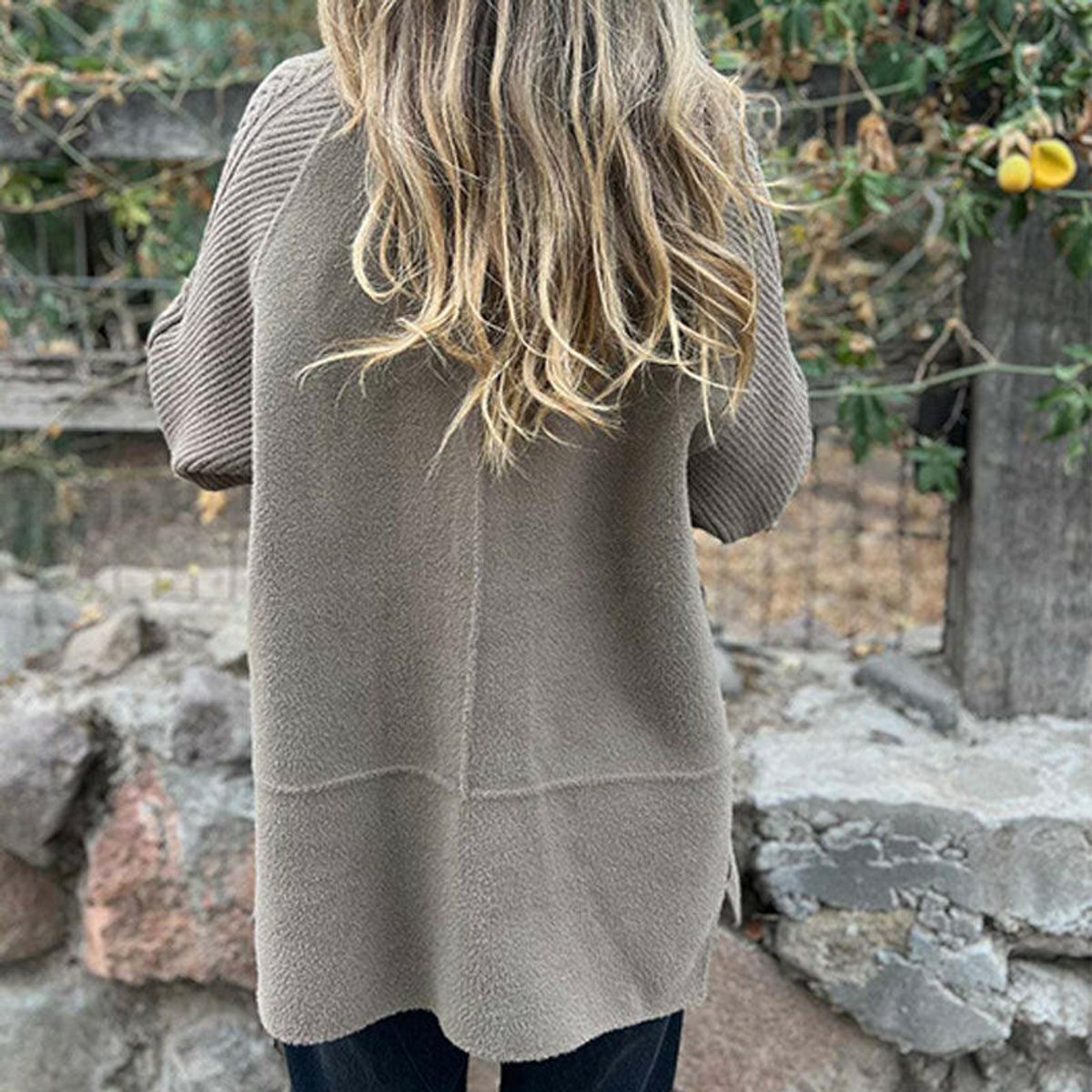 Women's Double-Breasted Cable-Knit Sleeve Jacket - Tailored Coat