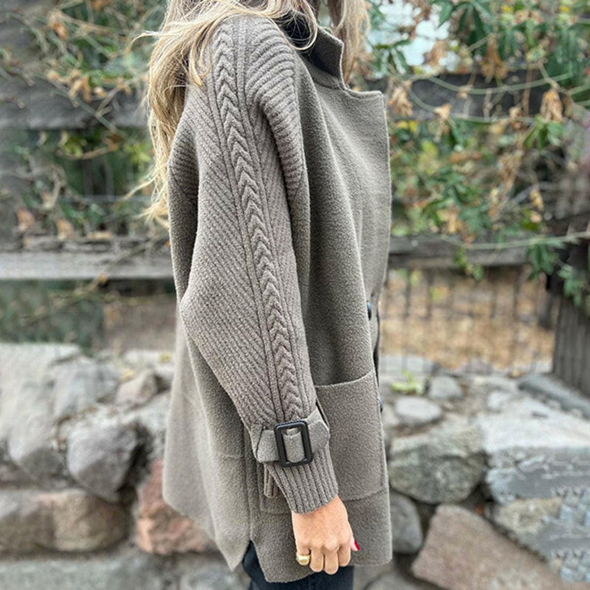 Women's Double-Breasted Cable-Knit Sleeve Jacket - Tailored Coat