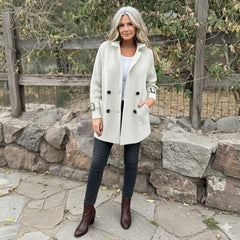 Women's Double-Breasted Cable-Knit Sleeve Jacket - Tailored Coat