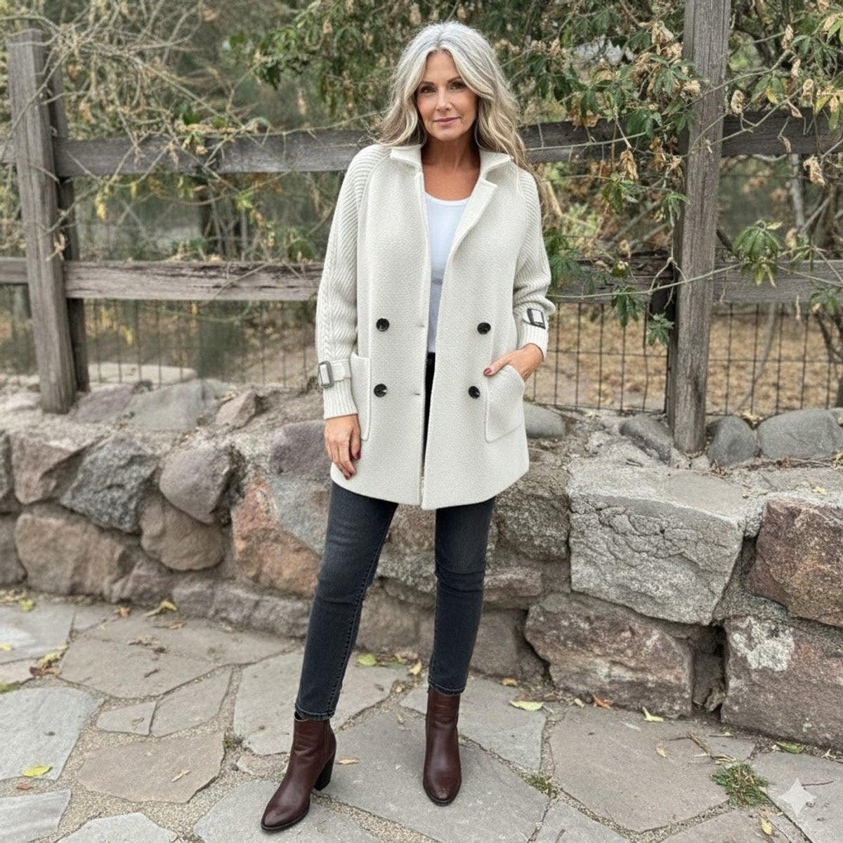 Women's Double-Breasted Cable-Knit Sleeve Jacket - Tailored Coat