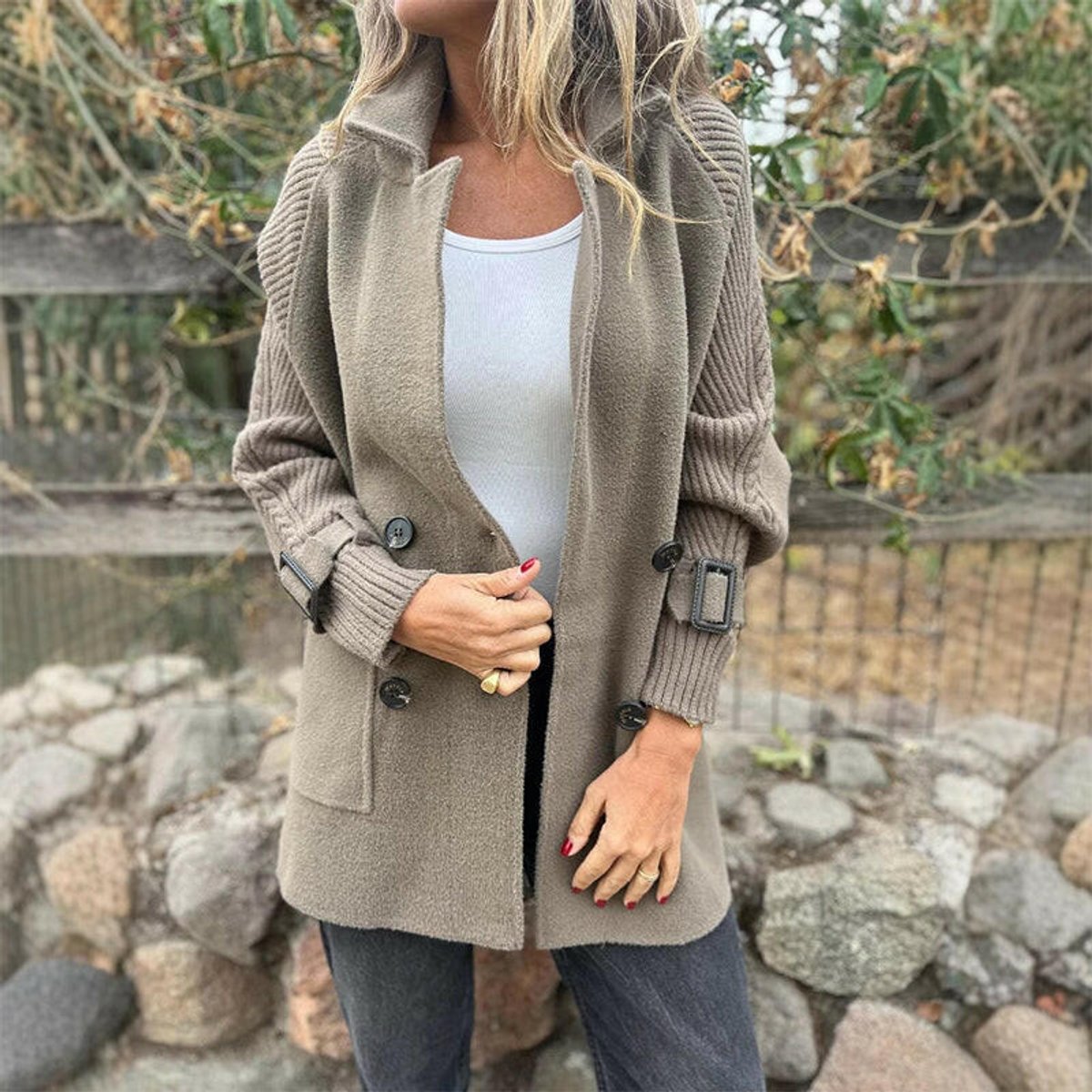 Women's Double-Breasted Cable-Knit Sleeve Jacket - Tailored Coat - Taupe