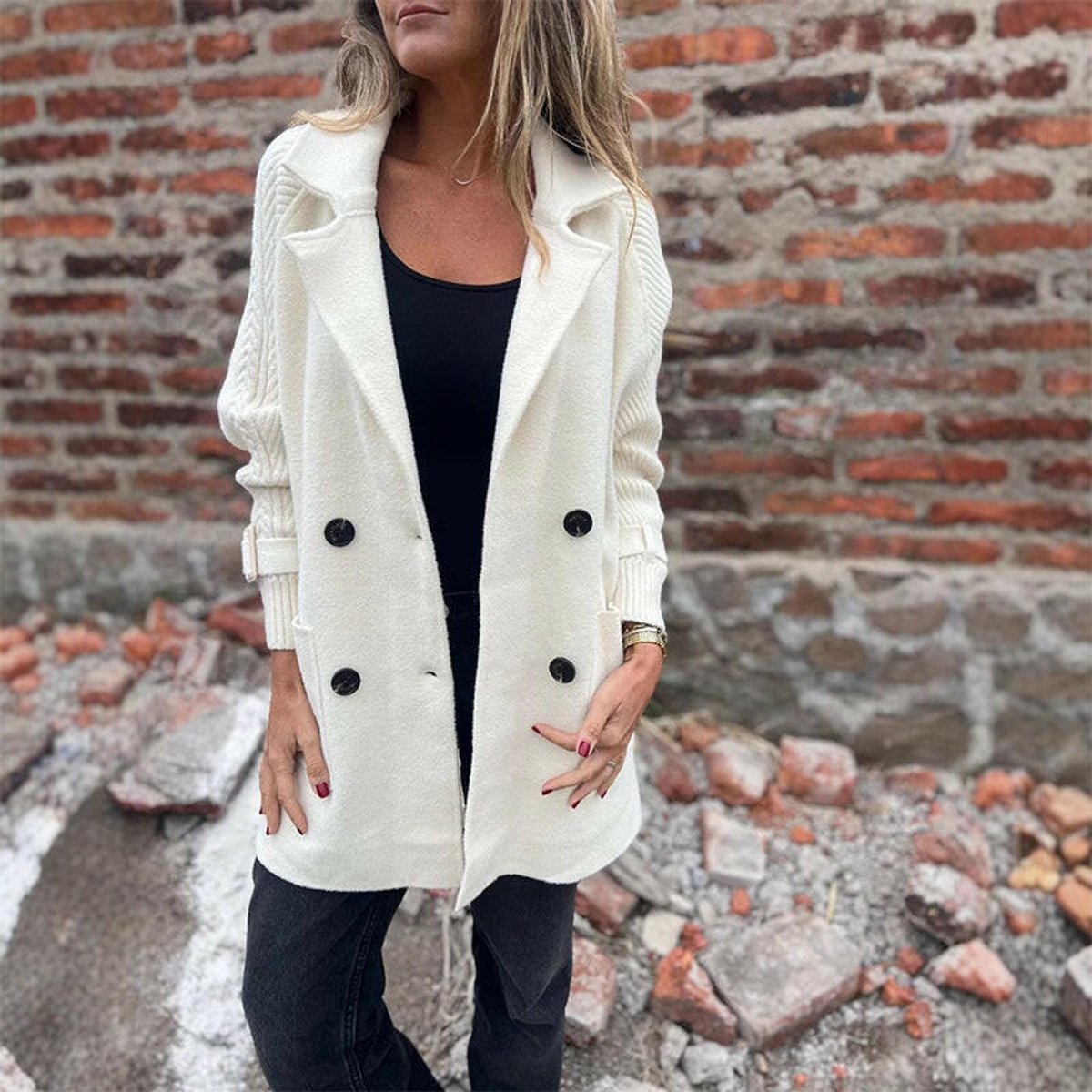 Women's Double-Breasted Cable-Knit Sleeve Jacket - Tailored Coat - White