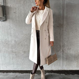 Women's Double-Breasted Midi Overcoat - Tailored Long-Sleeve | Autumn - Beige