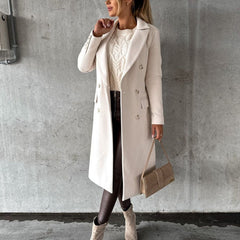 Women's Double-Breasted Midi Overcoat - Tailored Long-Sleeve | Autumn - Beige