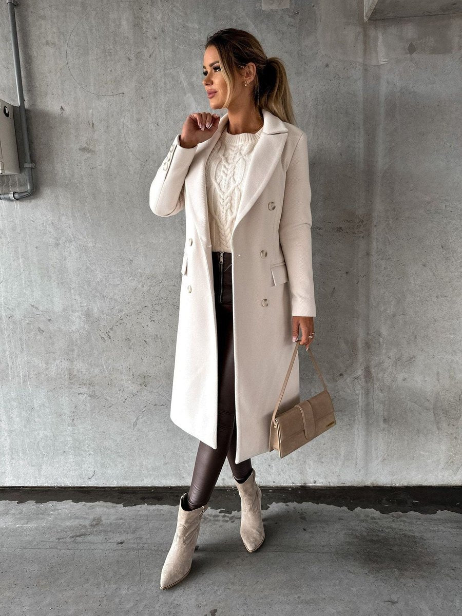 Women's Double-Breasted Midi Overcoat - Tailored Long-Sleeve | Autumn - Beige