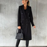 Women's Double-Breasted Midi Overcoat - Tailored Long-Sleeve | Autumn - Black