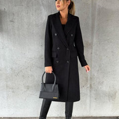 Women's Double-Breasted Midi Overcoat - Tailored Long-Sleeve | Autumn - Black