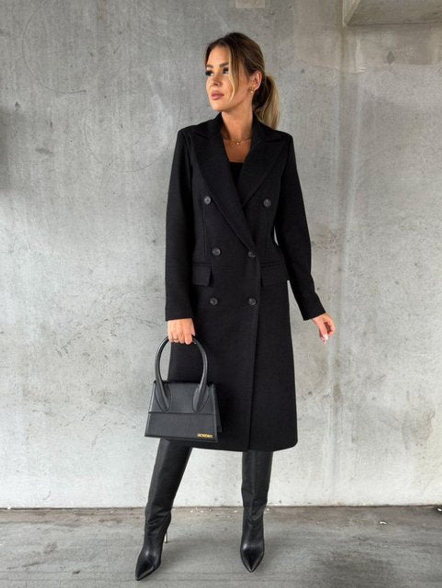 Women's Double-Breasted Midi Overcoat - Tailored Long-Sleeve | Autumn - Black