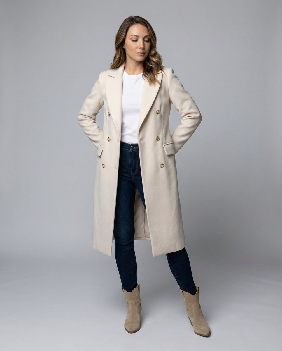 Women's Double-Breasted Midi Overcoat - Tailored Long-Sleeve | Autumn