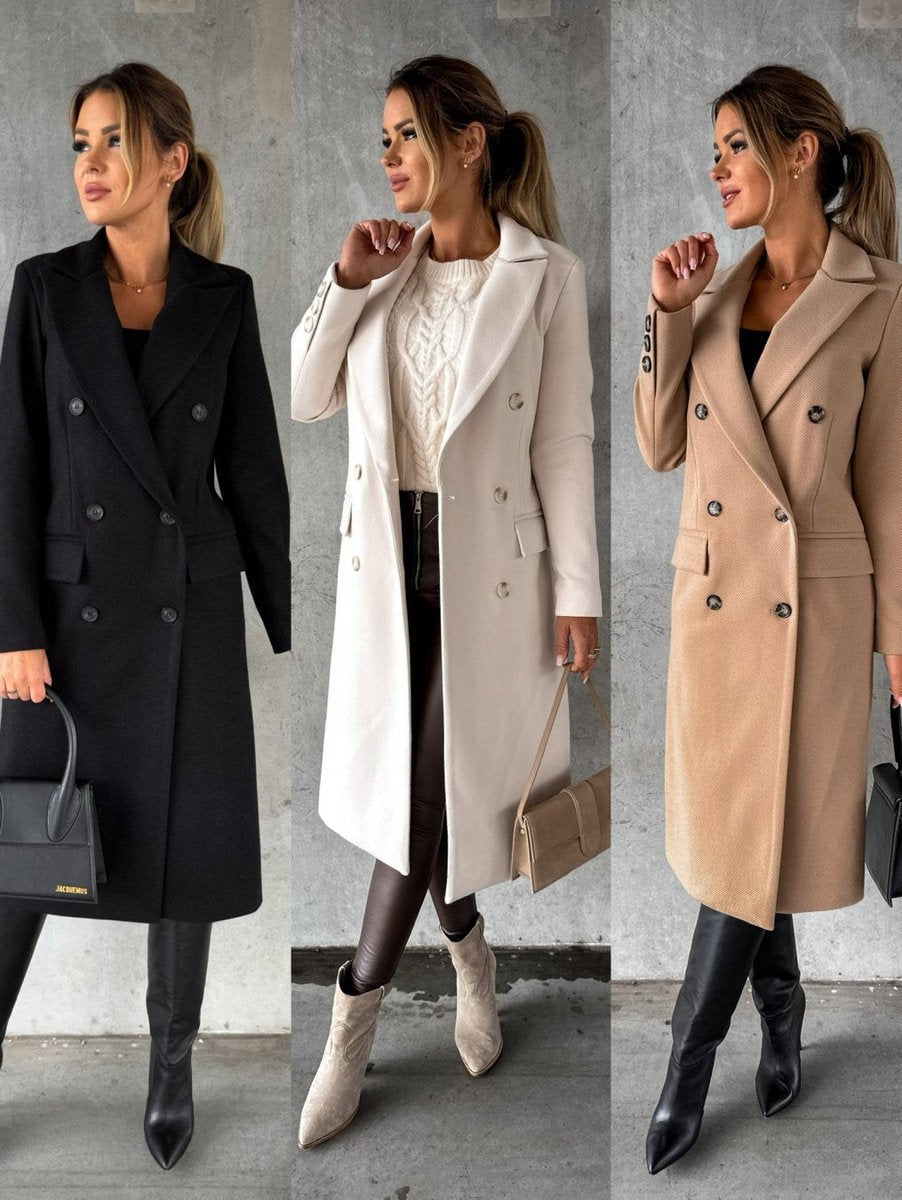 Women's Double-Breasted Midi Overcoat - Tailored Long-Sleeve | Autumn