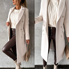Women's Double-Breasted Midi Overcoat - Tailored Long-Sleeve | Autumn