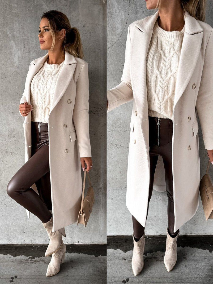 Women's Double-Breasted Midi Overcoat - Tailored Long-Sleeve | Autumn
