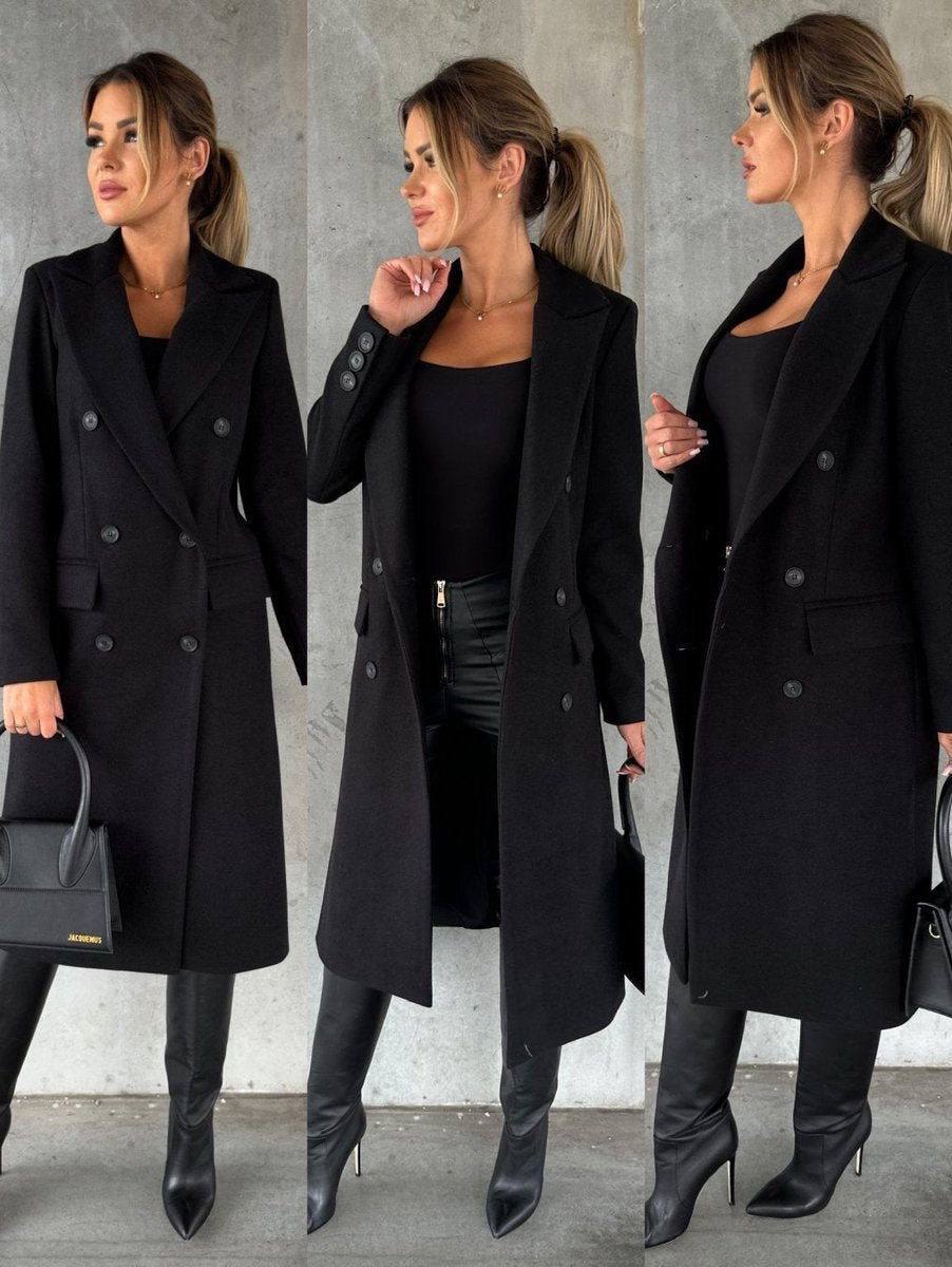 Women's Double-Breasted Midi Overcoat - Tailored Long-Sleeve | Autumn