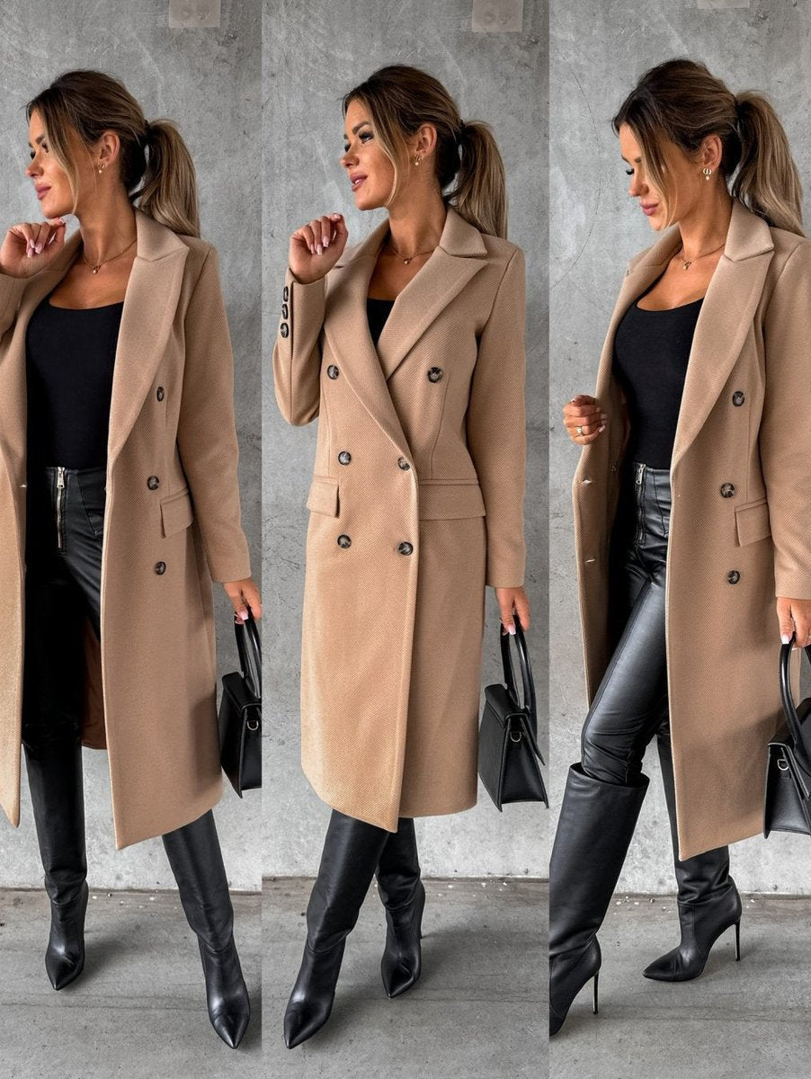 Women's Double-Breasted Midi Overcoat - Tailored Long-Sleeve | Autumn