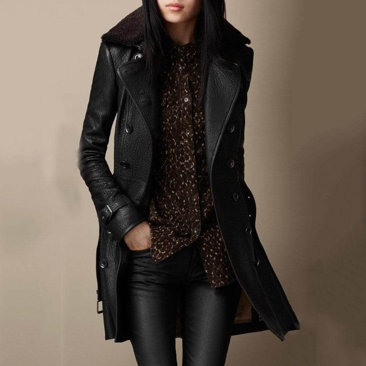 Women's Double-Breasted Shearling-Collar Leather Trench Coat | Winter