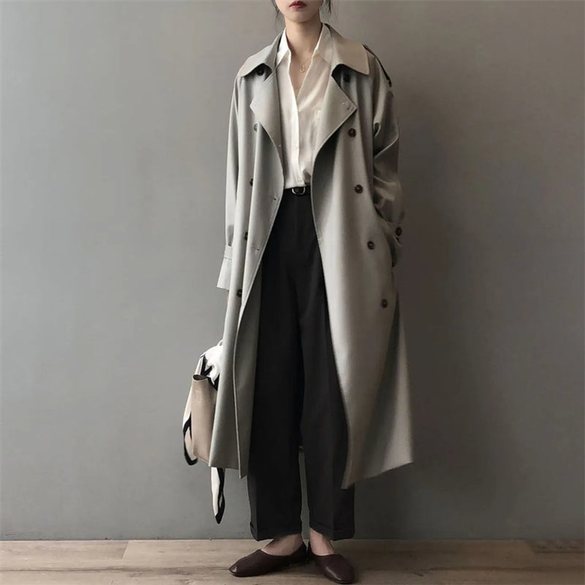 Women's Double-Breasted Water-Repellent Trench Coat - Classic Long - Grey