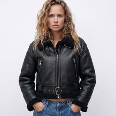 Women's Double-Sided Shearling Bomber Jacket - Reversible Warmth - Black