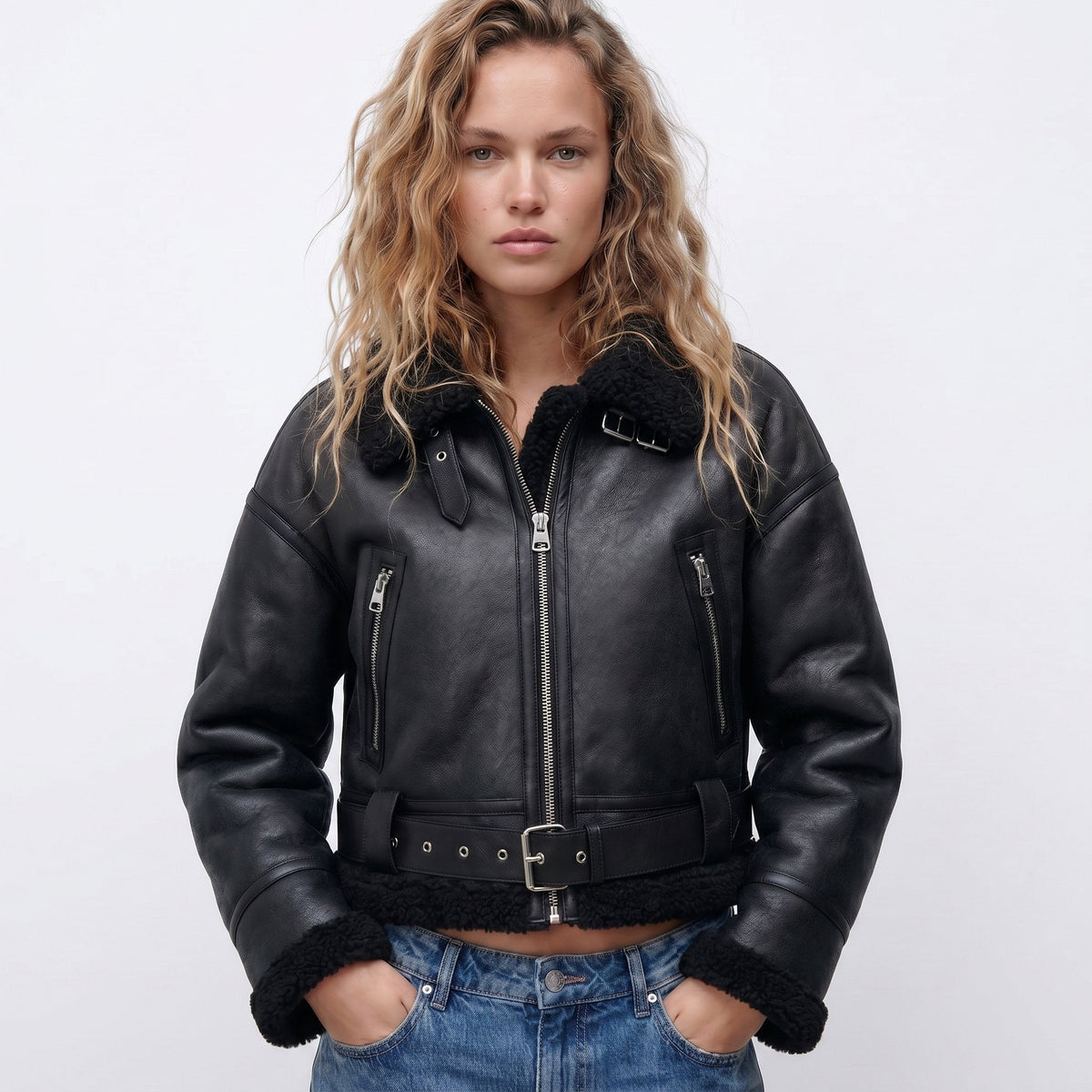 Women's Double-Sided Shearling Bomber Jacket - Reversible Warmth - Black