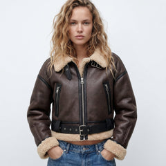 Women's Double-Sided Shearling Bomber Jacket - Reversible Warmth - Brown