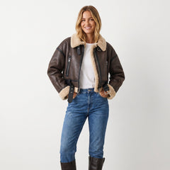 Women's Double-Sided Shearling Bomber Jacket - Reversible Warmth