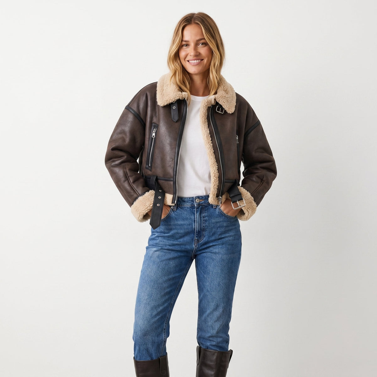 Women's Double-Sided Shearling Bomber Jacket - Reversible Warmth