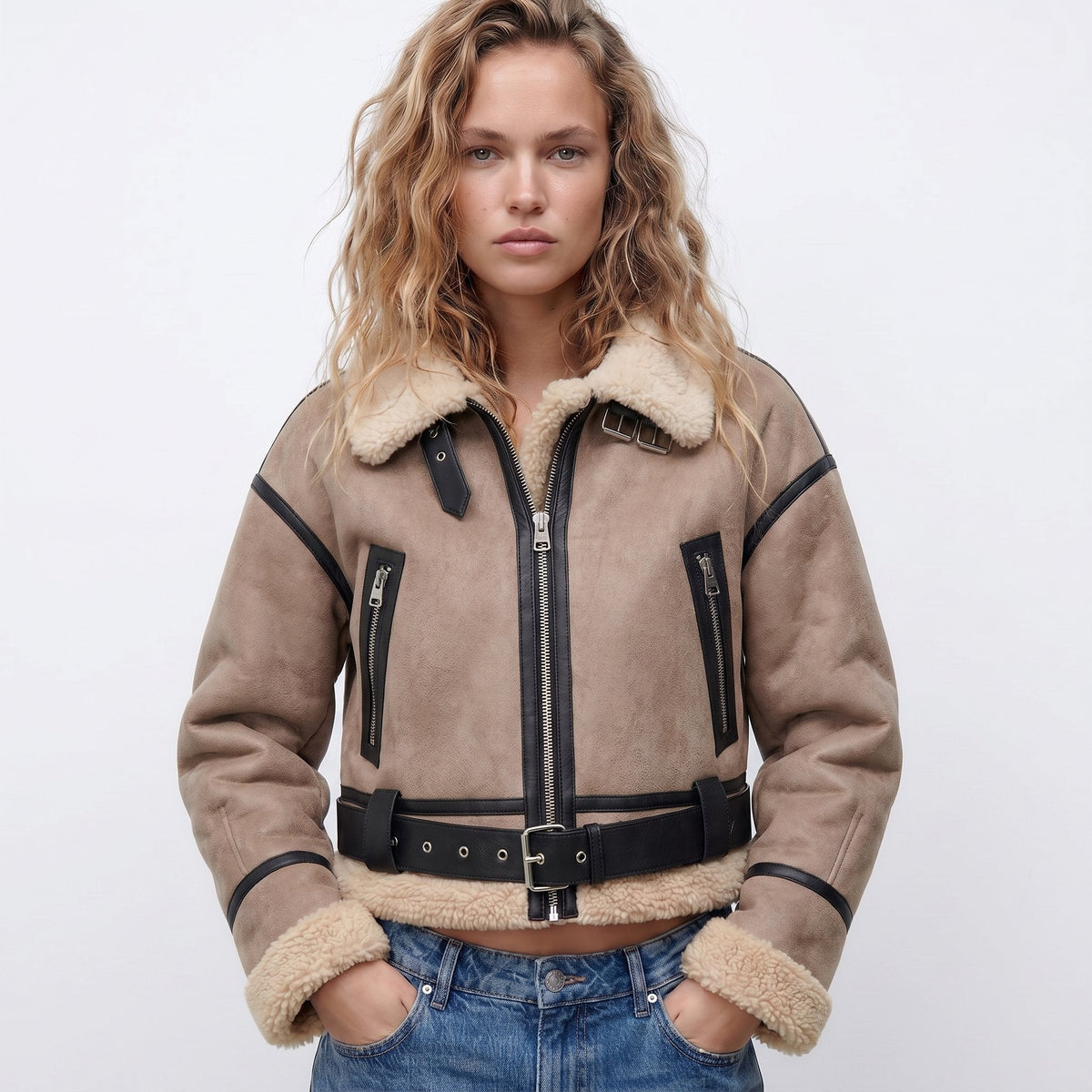 Women's Double-Sided Shearling Bomber Jacket - Reversible Warmth - Khaki