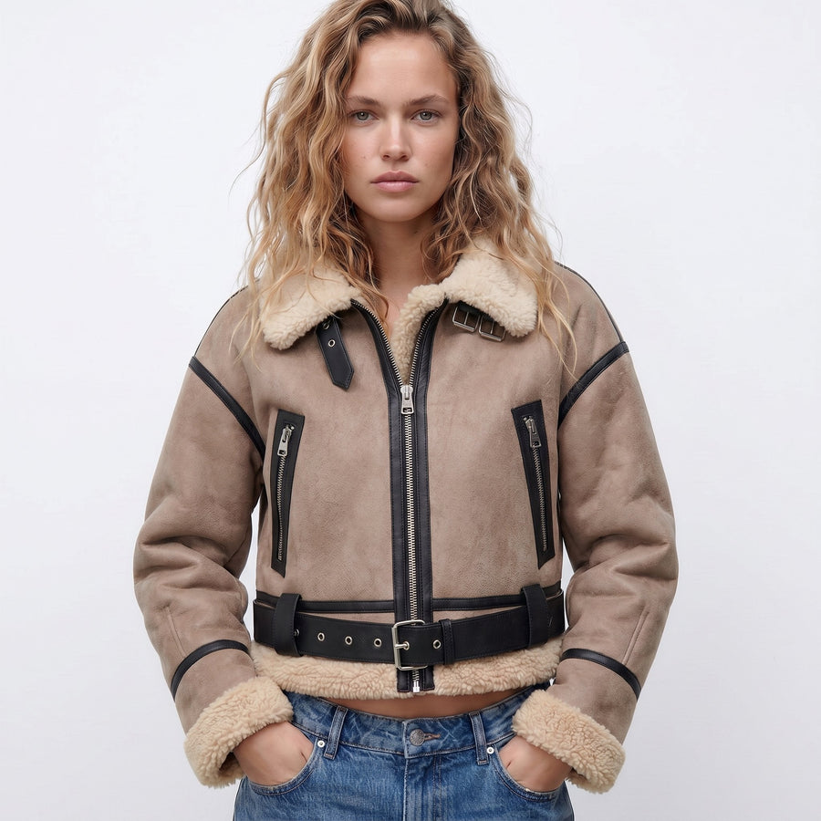Women's Double-Sided Shearling Bomber Jacket - Reversible Warmth - Khaki