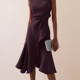 Women's Draped Asymmetrical Midi Dress - Elegant A-Line | Spring - Burgundy