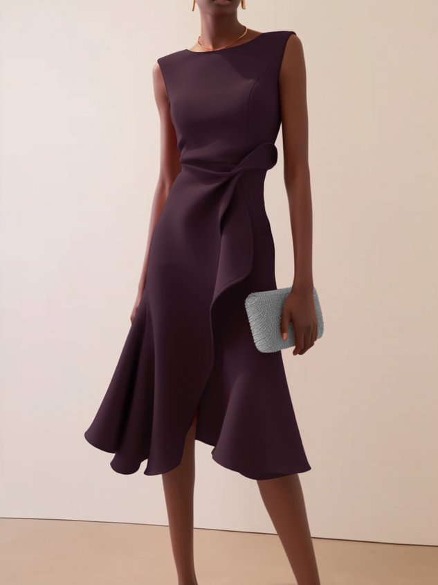 Women's Draped Asymmetrical Midi Dress - Elegant A-Line | Spring - Burgundy
