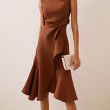 Women's Draped Asymmetrical Midi Dress - Elegant A-Line | Spring - Coffee