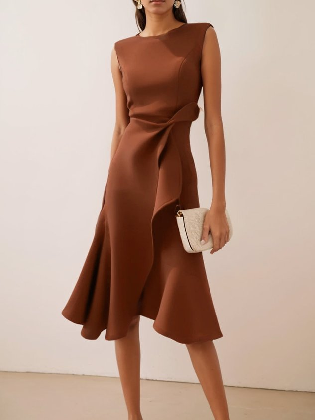 Women's Draped Asymmetrical Midi Dress - Elegant A-Line | Spring - Coffee