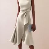Women's Draped Asymmetrical Midi Dress - Elegant A-Line | Spring - Cream