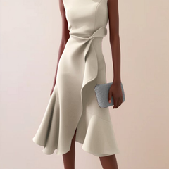 Women's Draped Asymmetrical Midi Dress - Elegant A-Line | Spring - Cream