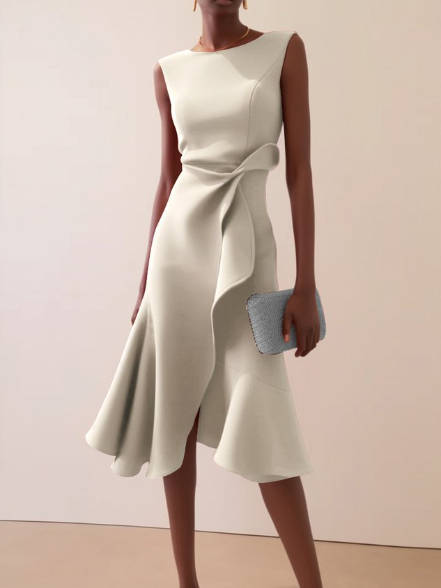Women's Draped Asymmetrical Midi Dress - Elegant A-Line | Spring - Cream