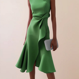 Women's Draped Asymmetrical Midi Dress - Elegant A-Line | Spring - Green