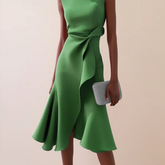 Women's Draped Asymmetrical Midi Dress - Elegant A-Line | Spring - Green