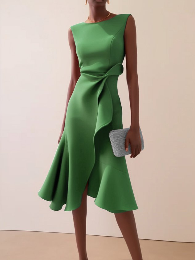 Women's Draped Asymmetrical Midi Dress - Elegant A-Line | Spring - Green