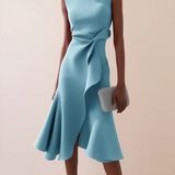 Women's Draped Asymmetrical Midi Dress - Elegant A-Line | Spring - Light Blue