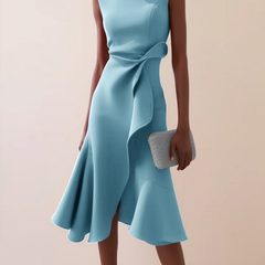 Women's Draped Asymmetrical Midi Dress - Elegant A-Line | Spring - Light Blue