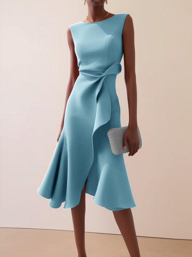 Women's Draped Asymmetrical Midi Dress - Elegant A-Line | Spring - Light Blue
