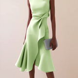 Women's Draped Asymmetrical Midi Dress - Elegant A-Line | Spring - Light Green