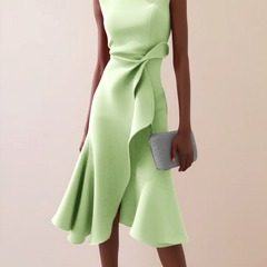 Women's Draped Asymmetrical Midi Dress - Elegant A-Line | Spring - Light Green