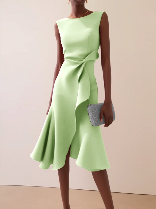 Women's Draped Asymmetrical Midi Dress - Elegant A-Line | Spring - Light Green