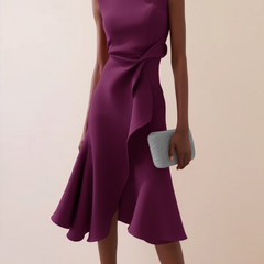 Women's Draped Asymmetrical Midi Dress - Elegant A-Line | Spring - Lilac