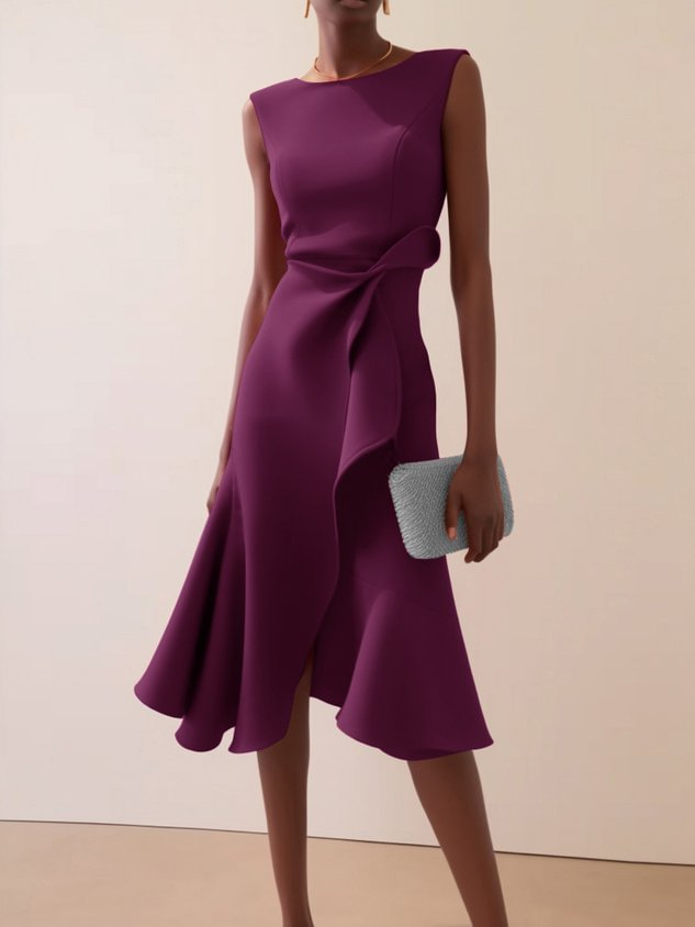 Women's Draped Asymmetrical Midi Dress - Elegant A-Line | Spring - Lilac