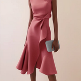 Women's Draped Asymmetrical Midi Dress - Elegant A-Line | Spring - Pink