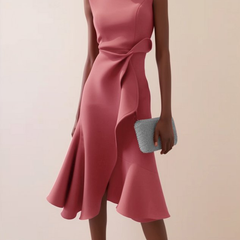 Women's Draped Asymmetrical Midi Dress - Elegant A-Line | Spring - Pink