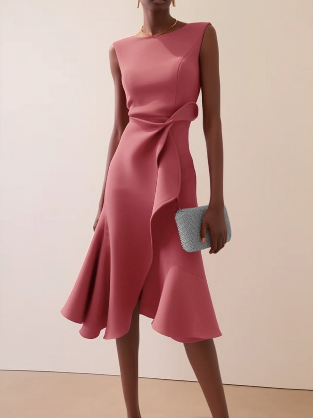 Women's Draped Asymmetrical Midi Dress - Elegant A-Line | Spring - Pink