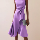Women's Draped Asymmetrical Midi Dress - Elegant A-Line | Spring - Purple