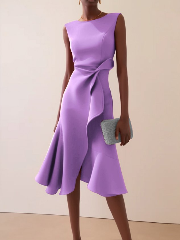 Women's Draped Asymmetrical Midi Dress - Elegant A-Line | Spring - Purple